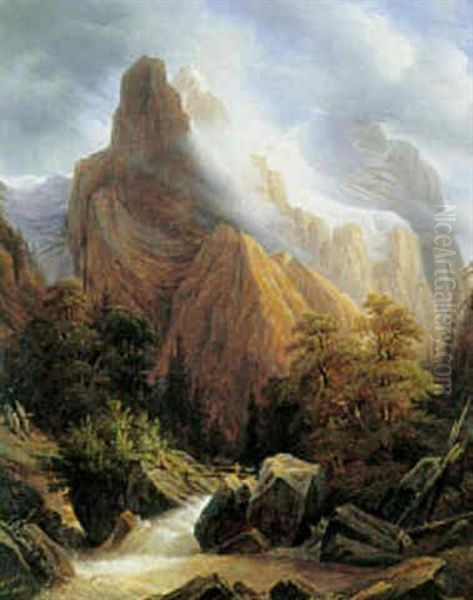 Bjergrigt Landskab, Schweiz Oil Painting by Nicolas Louis Andre Prevost