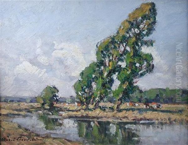 River Scene With Cattle, Normandy Oil Painting by Andre Prevot-Valeri