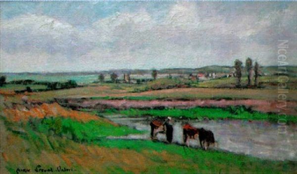 Paysage Aux Trois Vaches A La Mare Oil Painting by Andre Prevot-Valeri