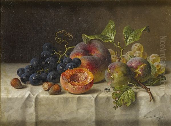 Still Life With Peaches And Grapes On A Table Oil Painting by Emilie Preyer