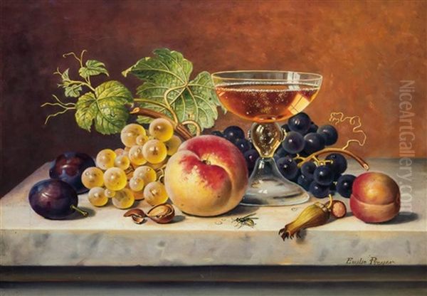 Still Life Of Fruit With Bee On A Tabletop Oil Painting by Emilie Preyer