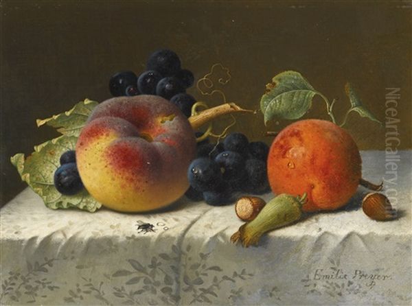 Still Life With Peach, Apricot, Grapes And Hazelnuts On A Tablecloth Oil Painting by Emilie Preyer