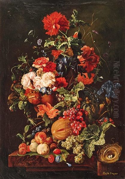 Blumenstillleben Mit Fruchten Und Vogelnest Oil Painting by Emilie Preyer