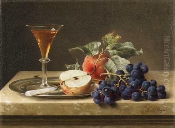 Fruchtestillleben Mit Sektglas, Messer Und Halbem Apfel Auf Einer Silbernen Schale Oil Painting by Emilie Preyer