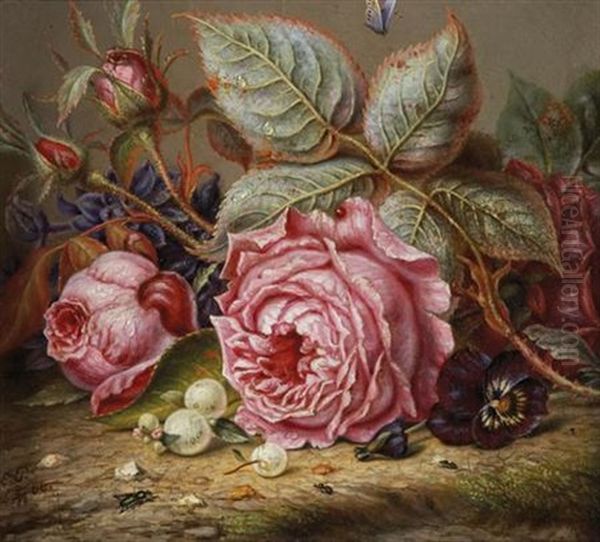 Still Life With Roses, A Pansy And Snowberries Oil Painting by Emilie Preyer