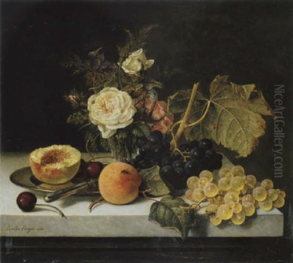 Blumen Und Fruchtestilleben Mit Halbiertem Pfirsich Oil Painting by Emilie Preyer