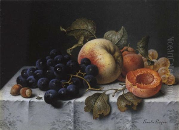 Fruchtestilleben Mit Blauem Trauben, Pfirsichen Und Haselnussen Oil Painting by Emilie Preyer