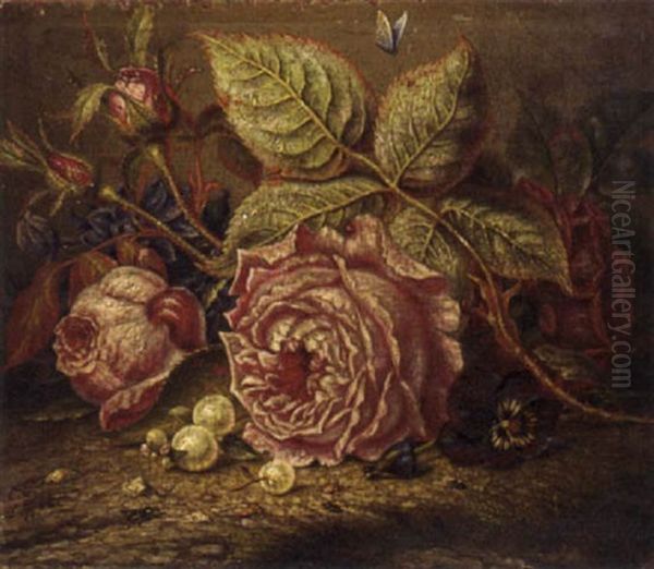 Roses, A Pansy, And Snowberries Oil Painting by Emilie Preyer