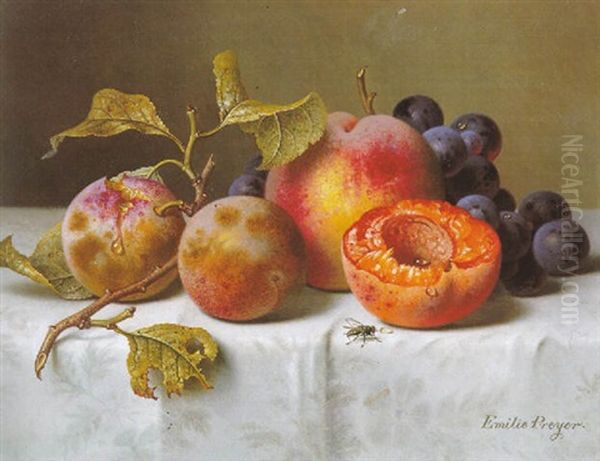 Fruchtestilleben Auf Weisem Damast Oil Painting by Emilie Preyer