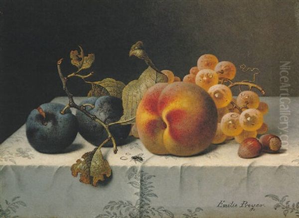 Still Life With A Peach, Grapes And Plums Oil Painting by Emilie Preyer