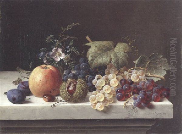 Grapes, Plums, Chestnuts, An Apple And A Vase Of Wild Flowers On A Marble Ledge Oil Painting by Emilie Preyer