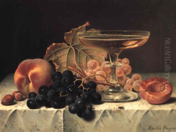 Still Life With Peaches, Grapes And A Glass Of Champagne Oil Painting by Emilie Preyer