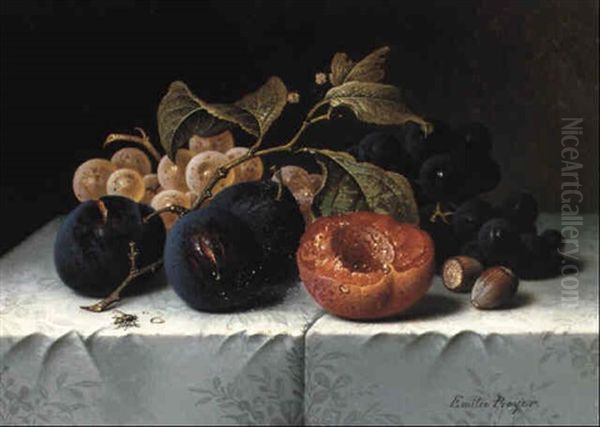 Still Life With Plums, Grapes And Apricot Oil Painting by Emilie Preyer