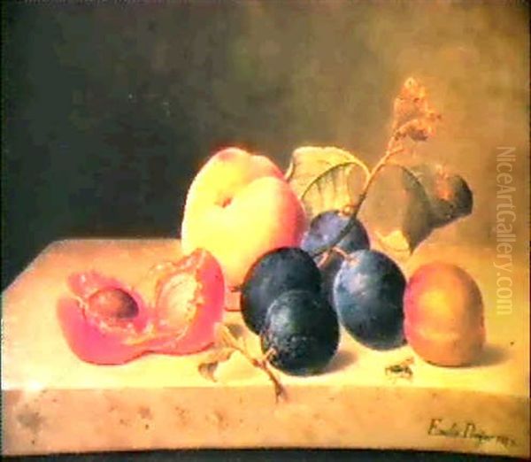 Still Life With Plums And Peaches On A Marble Ledge Oil Painting by Emilie Preyer