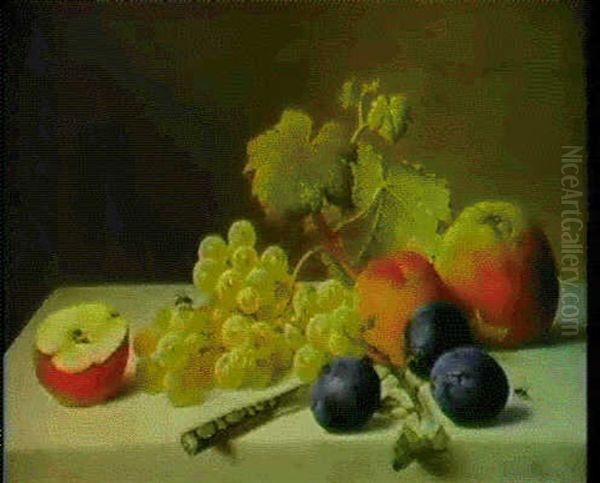 A Still Life Of Fruit And A Knife On A Marble Ledge Oil Painting by Emilie Preyer