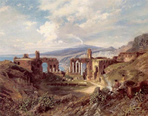 Blick Auf Das Antike Amphitheater In Taormina Oil Painting by Ernest Julius Preyer