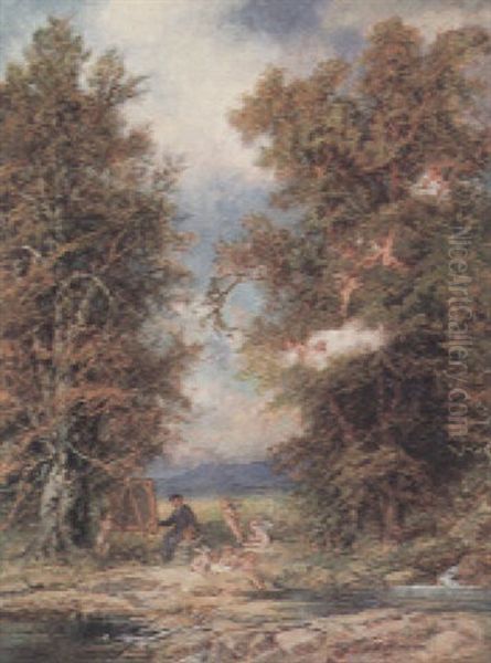 Maler An Seiner Staffelei Umgeben Von Puttis Oil Painting by Ernest Julius Preyer