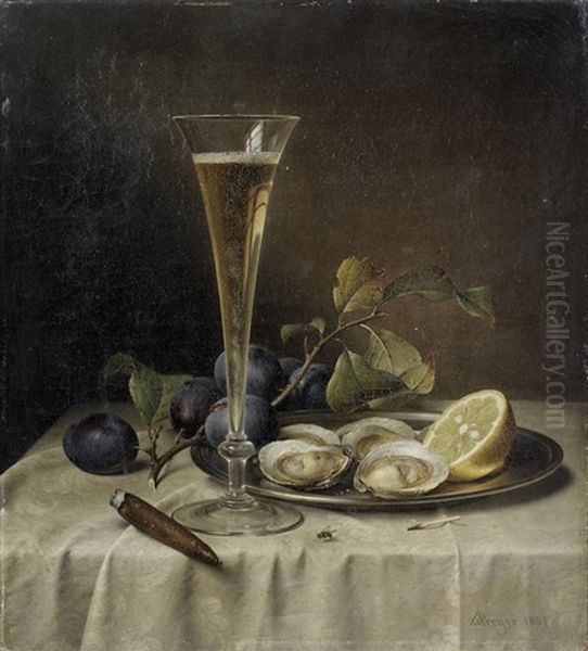 Still Life With Champagne And Oysters Oil Painting by Johann Wilhelm Preyer