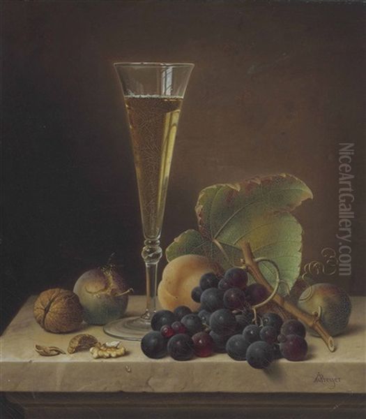 Still Life Of Fruit, Walnuts And A Champagne Flute On A Marble Ledge Oil Painting by Johann Wilhelm Preyer