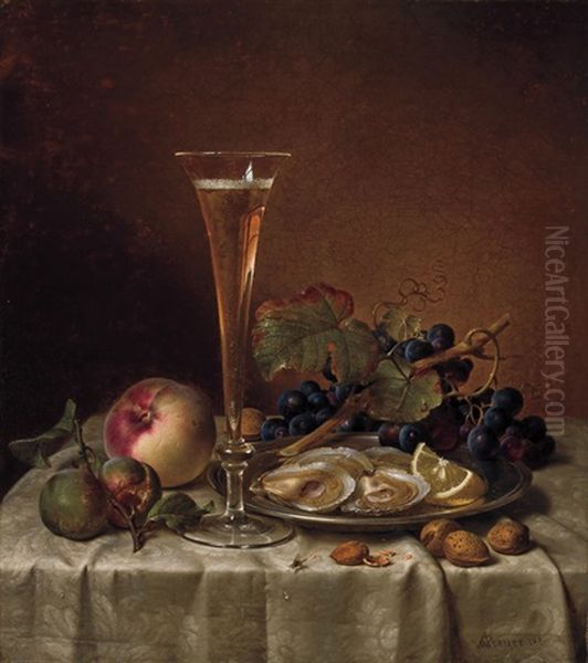 Still Life With Champagne, Oysters And Fly Oil Painting by Johann Wilhelm Preyer