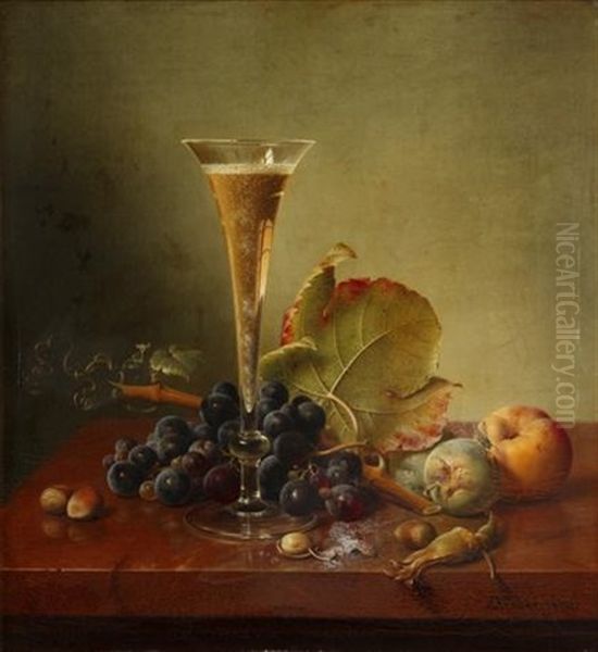 Still Life With Champagne Flute And Grapes Oil Painting by Johann Wilhelm Preyer