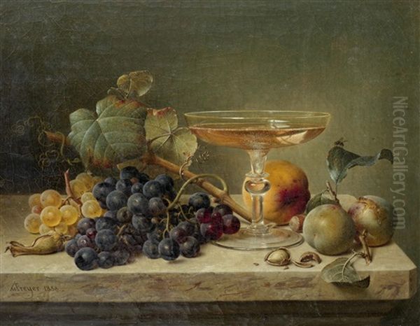 Still Life Of Fruit, Nuts And A Glass On A Marble Ledge Oil Painting by Johann Wilhelm Preyer