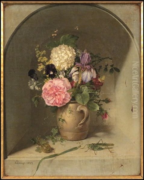 Still Life With Jar, Flowers, Fig & Grasshopper Oil Painting by Johann Wilhelm Preyer