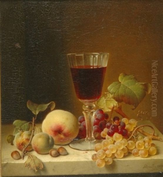 Grapes, Oysters, Lemon, Almonds And A Flute Of Champagne On A Draped Ledge (+ Grapes, Hazelnuts, Lady Apples, Peach And A Glass Of Red Wine On A Marble Ledge; 2 Works) by Johann Wilhelm Preyer