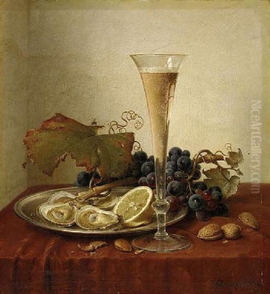 Grapes, Oysters, Hazelnuts And A Champagne Flute On A Draped Ledge by Johann Wilhelm Preyer