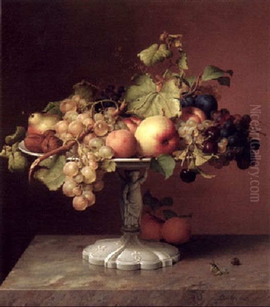 Stilleben Mit Obst Und Weinblattern Auf Einer Skulptierten Keramikschale Oil Painting by Johann Wilhelm Preyer