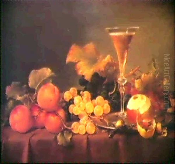 Fruchtestilleben Mit Sektkelch, Aprikosen, Trabenzweigen,   Haselnussen Und Angeschaltem Apfel... Oil Painting by Johann Wilhelm Preyer