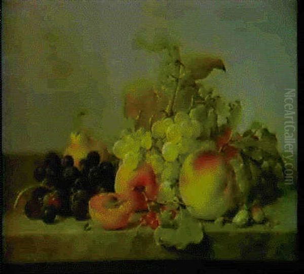 A Still Life Of Fruit And Nuts On A Marble Ledge by Johann Wilhelm Preyer