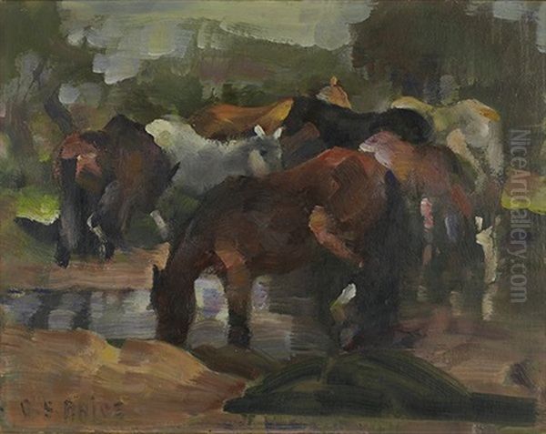 Horses At Watering Hole (also Group Of Horses) Oil Painting by Clayton S. Price