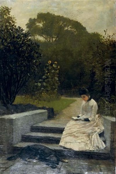 Reading In The Garden Oil Painting by Julius Mendes Price