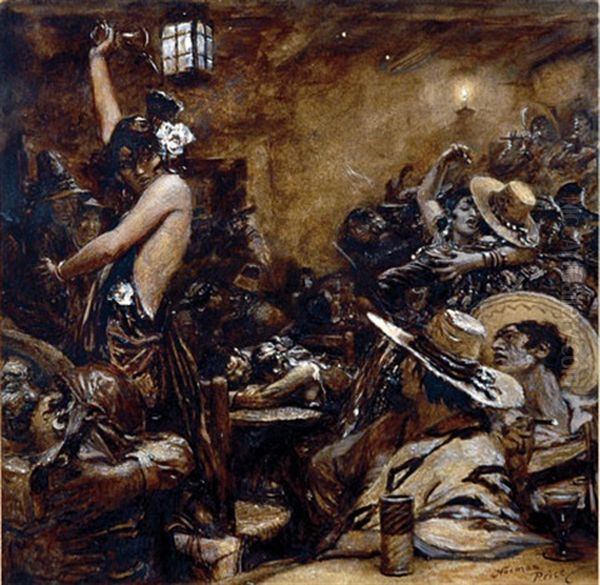 Scene In A Rough And Tumble Mexican Cantina (illus. For Silver Knees By Robert W. Chambers For Liberty Magazine) Oil Painting by Norman Mills Price