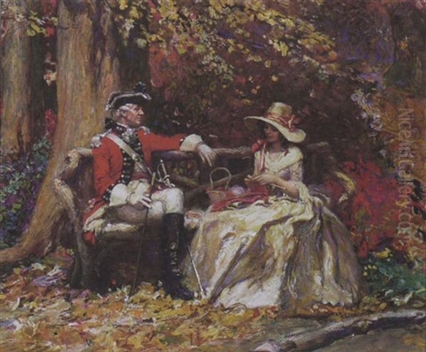 Lieutenant And Beautiful Woman Seated On Bench Oil Painting by Norman Mills Price