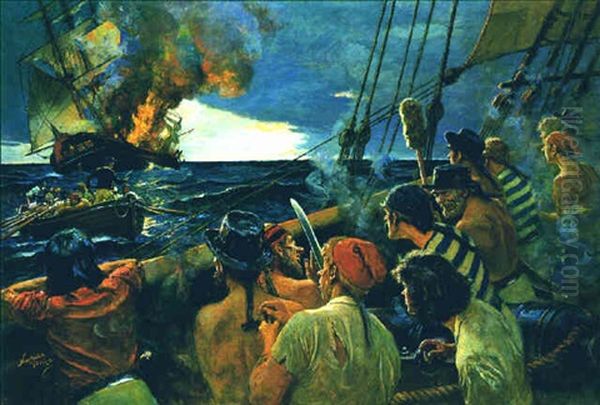 Pirates Watching Ship Burn, Lifeboat Between Oil Painting by Norman Mills Price