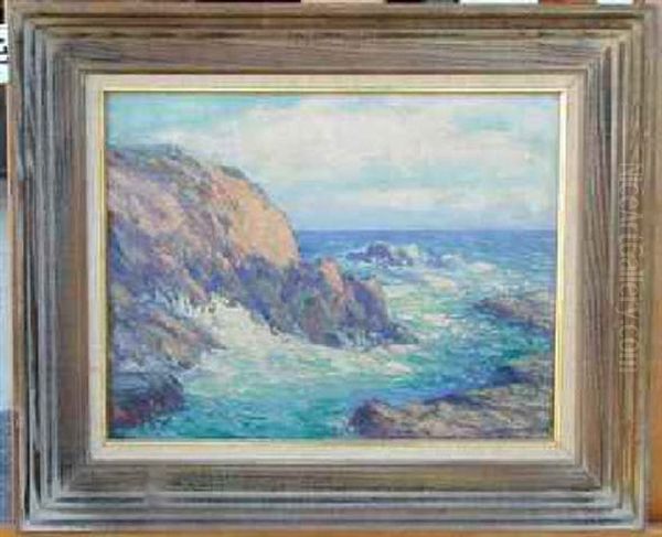 Summer Seascape With Rocks And Crashing Waves Oil Painting by William Henry Price