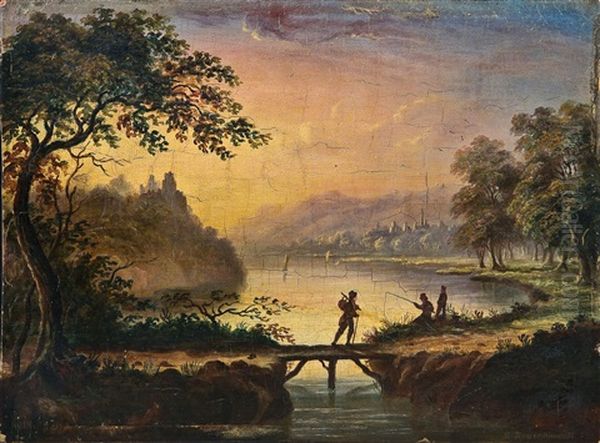 Idyllische Seelandschaft Mit Wanderer Und Angler Oil Painting by Vasili Petrovich Prichetnikov