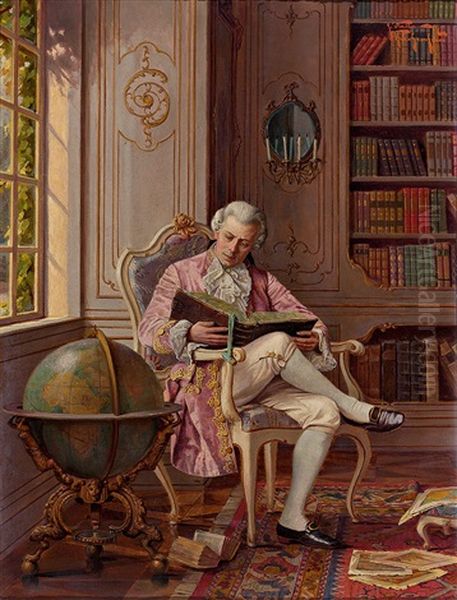 Lesender Gelehrter Im Rokokohabit In Einer Schlossbibliothek Neben Grosem Globus Oil Painting by Alois Heinrich Priechenfried