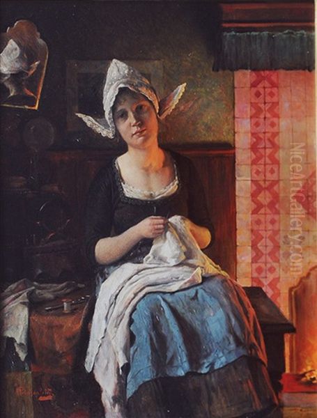 Young Woman Sewing Oil Painting by Alois Heinrich Priechenfried