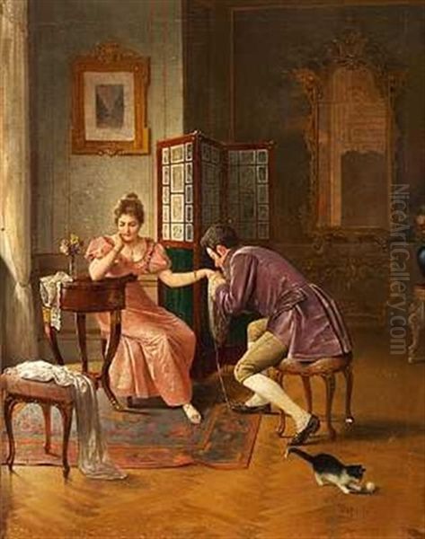 Interior Med En Frierscene. Katten Springer Efter Det Tabte Garnnogle Oil Painting by Alois Heinrich Priechenfried