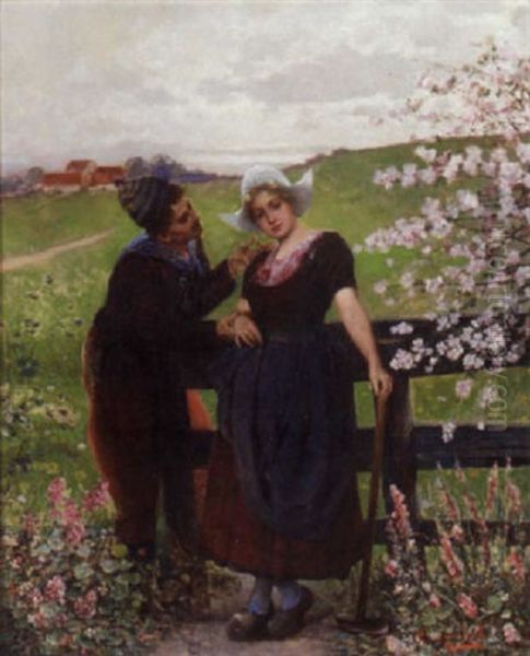 A Flirt By The Garden Fence Oil Painting by Alois Heinrich Priechenfried