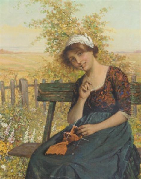 A Young Beauty Seated In A Garden Oil Painting by Alois Heinrich Priechenfried