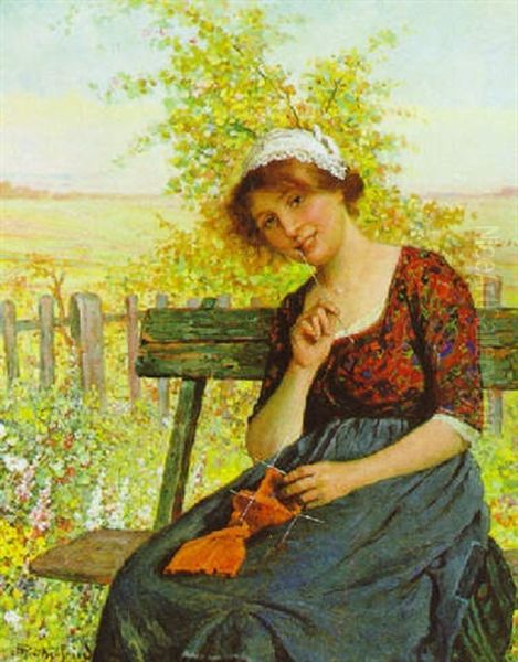 Madchen Mit Strickzeug Auf Der Gartenbank Oil Painting by Alois Heinrich Priechenfried