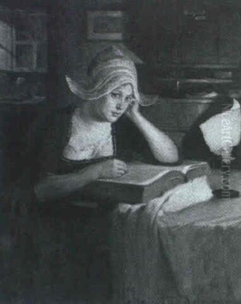 Woman Reading By Lamplight Oil Painting by Alois Heinrich Priechenfried