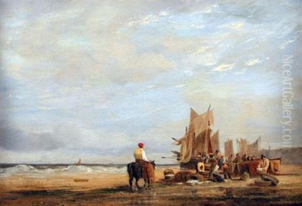 Norfolk Costal Scene With Figures And Boats Oil Painting by Alfred Priest