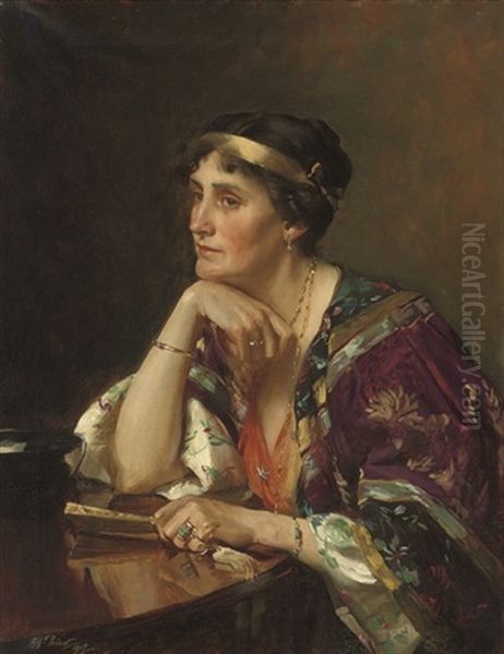 A Portrait Of Mrs Radcliffe, At A Table In An Oriental Gown Oil Painting by Alfred Priest