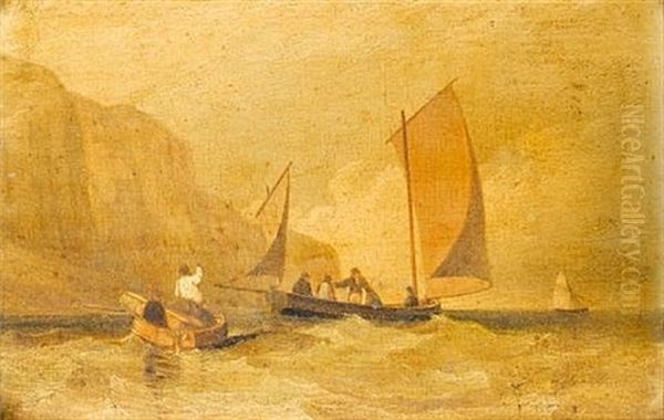 A Lugger With Passengers Inshore Below Cliffs Oil Painting by Alfred Priest