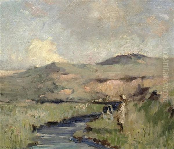 A Girl By The River Oil Painting by Bertram Priestman